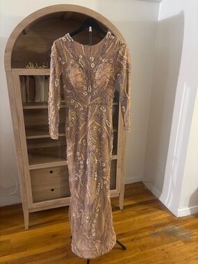 Embellished Long Sleeve Sequin Evening Dress - Blush